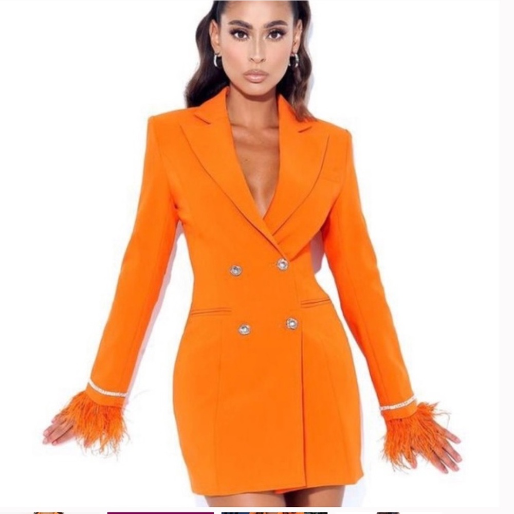 Chic Orange Women's Blazer with Feather Cuffs